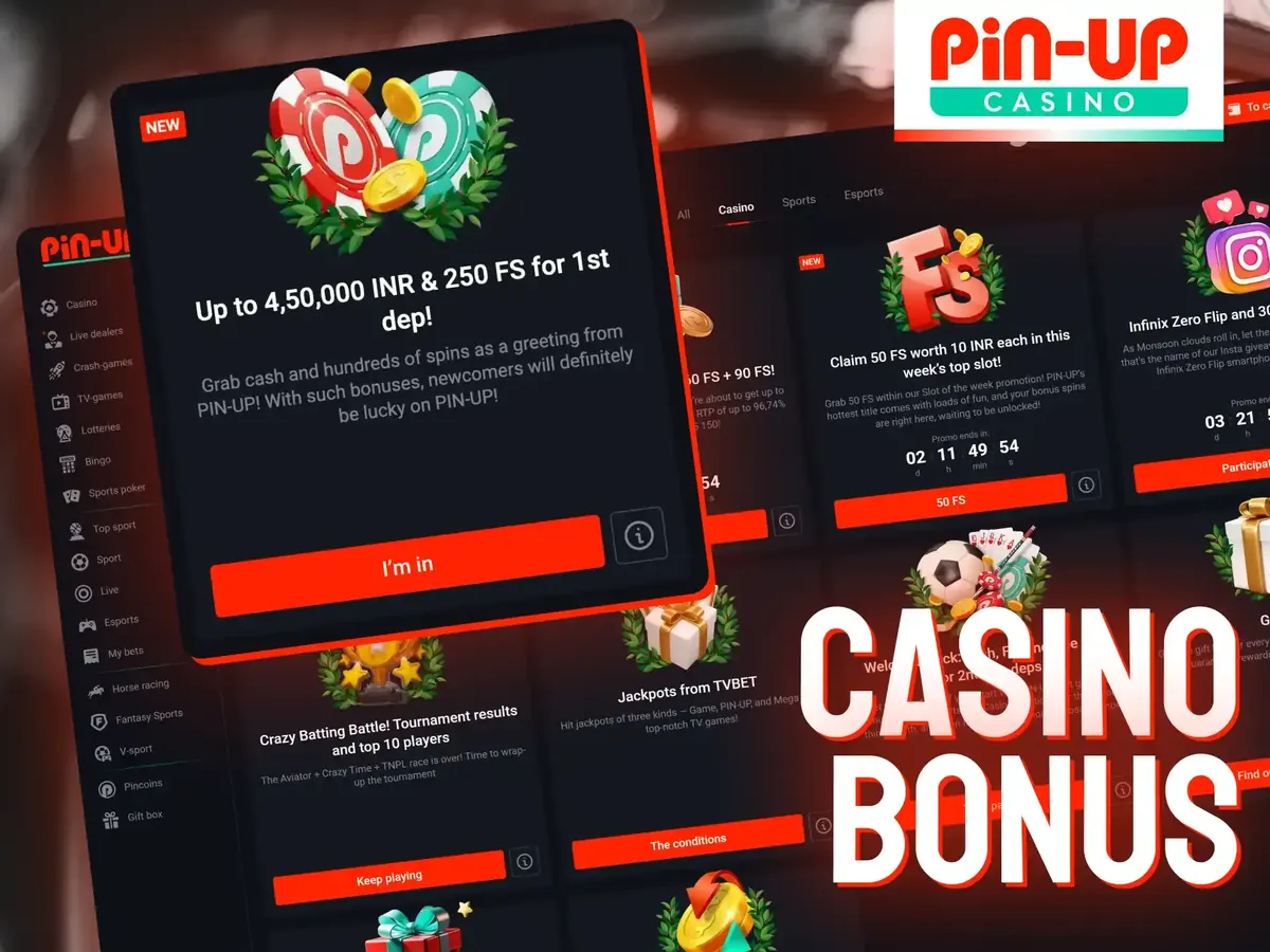 Pin-Up casino bonus screen with the welcome offer