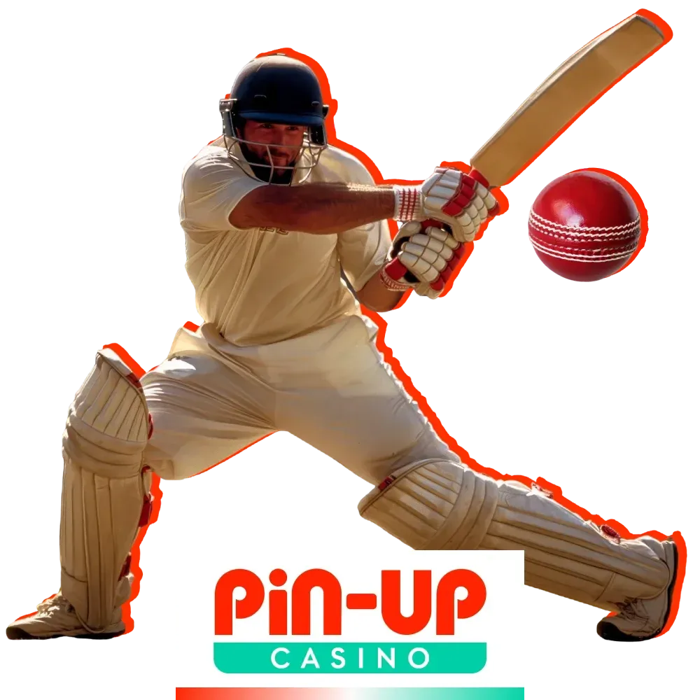 Cricket batter in action next to the Pin-Up Casino logo