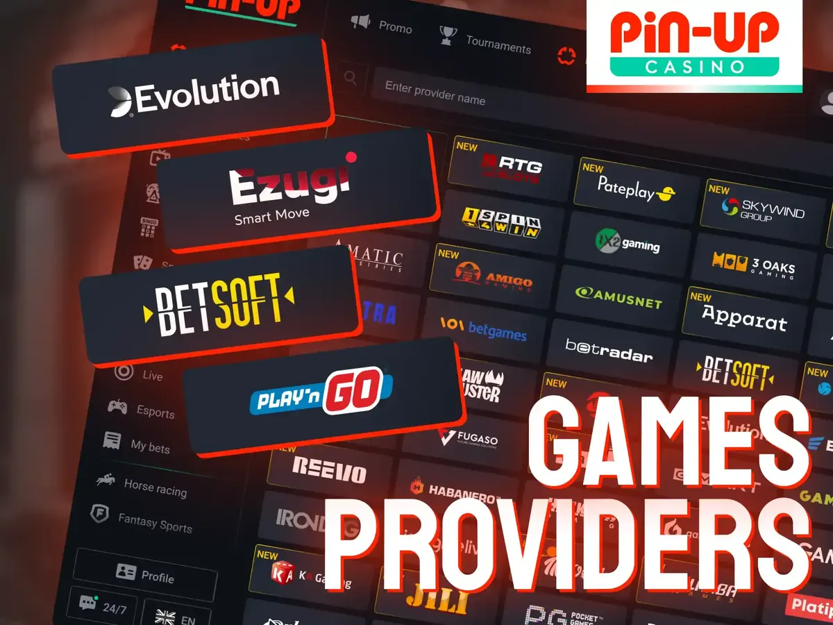 Pin-Up lobby showing game providers such as Evolution and BetSoft