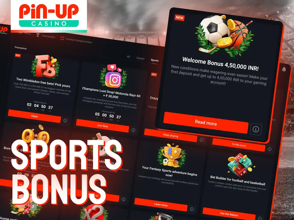 Pin-Up sports bonus page with football and cricket offers